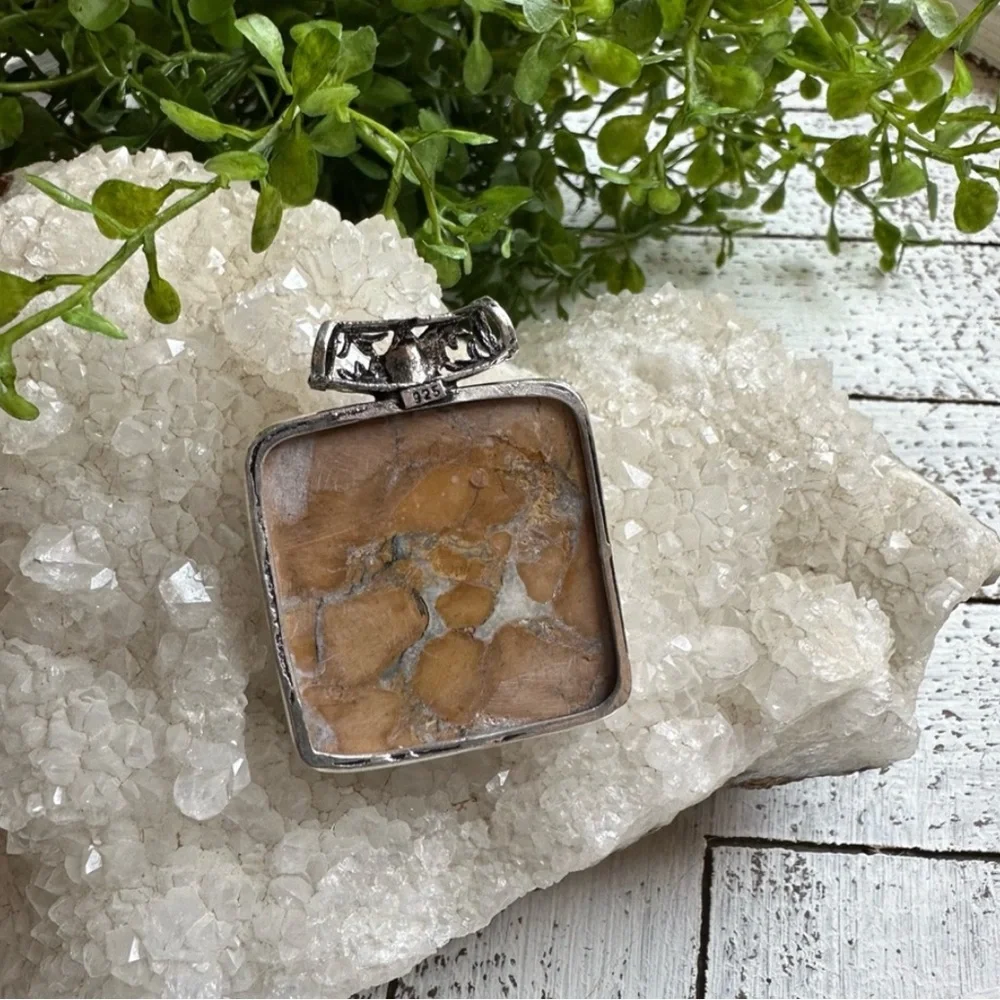 Maligano Jasper Sterling Silver 925 Plated Square Pendant Orange Gray Quartz - Picture 3 of 6